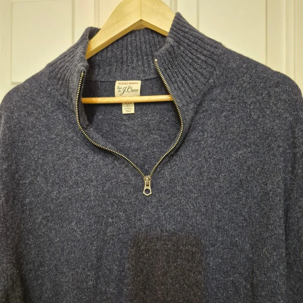 J.Crew Mens Rugged Merino Wool Blend Quarter Zip Sweater Navy Blue XXL